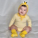 [66-90cm]帽子付き 目デザインボーダー ロンパース - Image 4