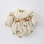 [66-100cm] 刺繍 花柄 コーデュロイ ロンパース