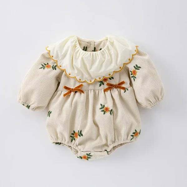 [66-100cm] 刺繍 花柄 コーデュロイ ロンパース