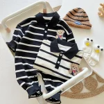 [66-90cm] 熊柄 ボーダー オールインワン - Image 3