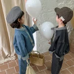 [80-140cm] スタンドカラー 前開き デニム セットアップ - Image 10