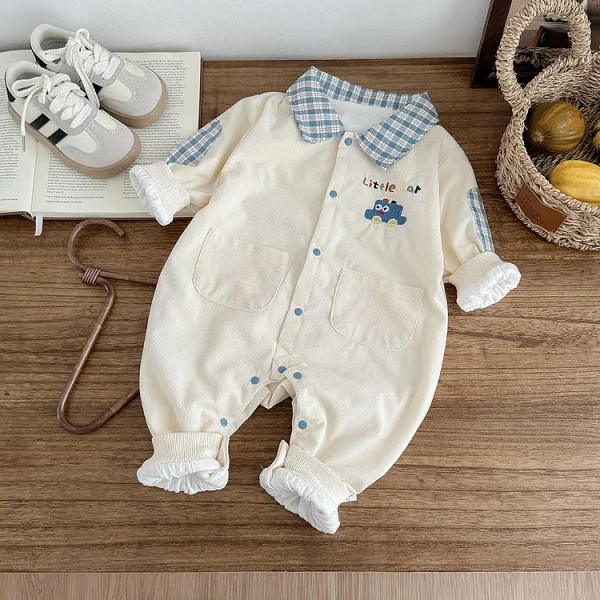 [66-90cm] チェック襟 車プリント オールインワン