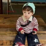 [90-140cm]ボーダー柄 POLOネックトップス - Image 2