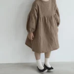 [80-130cm] パフスリーブ リネン ワンピース