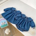 [66-120cm]ロンパースorワンピース フリル襟 デニム 姉妹服