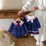 [66-100cm]姉妹お揃いコーデ ウサギ柄 セーラー風 ロンパース/ワンピース