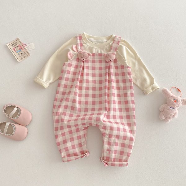 [73-100cm]サロペットOR長袖Tシャツ 可愛い ピンク チェック おしゃれ