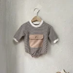 [66-90cm]ポケット付き ボーダー ロンパース - Image 13