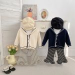 [73-120cm]韓国風 ニットカーディガン&ストライプフレアパンツ セット - Image 12