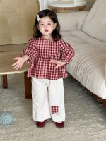 [73-110cm]チェックシャツ&ワイドパンツ おしゃれ 韓国風 配色
