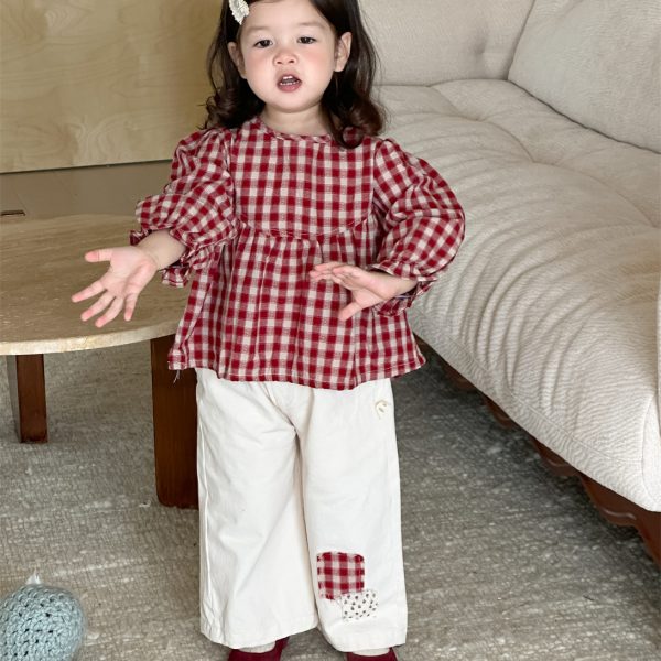 [73-110cm]チェックシャツ&ワイドパンツ おしゃれ 韓国風 配色