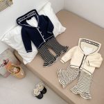 [73-120cm]韓国風 ニットカーディガン&ストライプフレアパンツ セット - Image 4