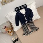 [73-120cm]韓国風 ニットカーディガン&ストライプフレアパンツ セット - Image 6