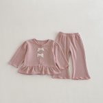 [80-130cm]女の子 セットアップ トップス+パンツ リボン付き