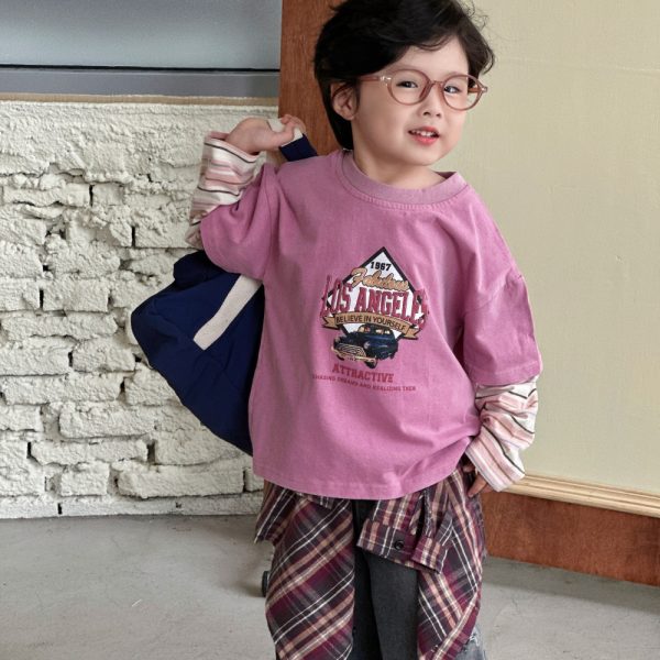 [90-150cm]レイヤード プリント 長袖 Tシャツ