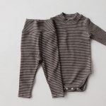 [66-90cm]ボーダー柄 ロンパース+ボトムス セット - Image 2