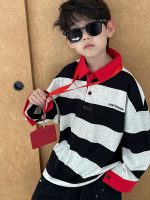 [100-160cm]配色 ボーダー柄 POLOネック トップス - Image 3