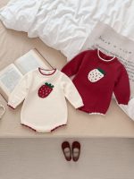 [66-90cm]いちご柄 ガーリー ベビー ニット ロンパース - Image 5