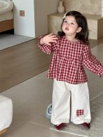 [73-110cm]チェックシャツ&ワイドパンツ おしゃれ 韓国風 配色 - Image 3