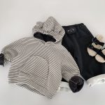 [80-140cm]ボーダー柄 フード付き 裏起毛 パーカー/パンツ - Image 3