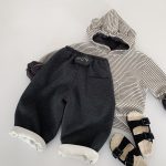 [80-140cm]ボーダー柄 フード付き 裏起毛 パーカー/パンツ - Image 4