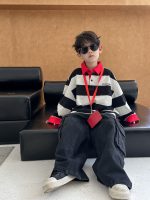 [100-160cm]配色 ボーダー柄 POLOネック トップス