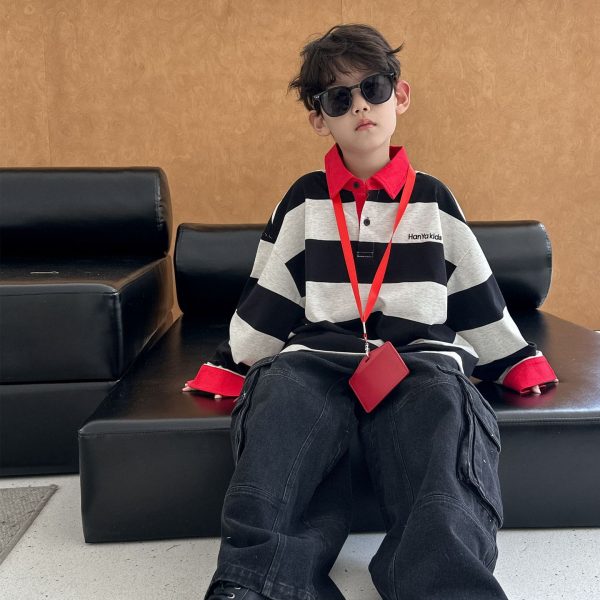 [100-160cm]配色 ボーダー柄 POLOネック トップス