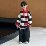 [100-160cm]配色 ボーダー柄 POLOネック トップス - Image 2