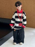 [100-160cm]配色 ボーダー柄 POLOネック トップス - Image 4