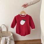 [66-90cm]いちご柄 ガーリー ベビー ニット ロンパース - Image 8