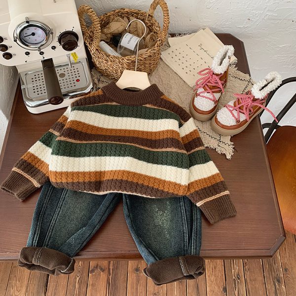 [90-150cm]ボーダー柄 ふんわり 保温性 セーター
