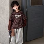 [90-150cm]レイヤード ボーダー柄 長袖 Tシャツ