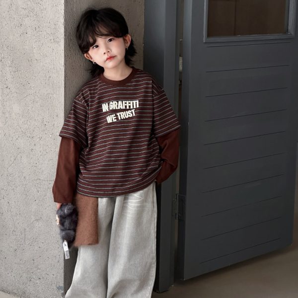 [90-150cm]レイヤード ボーダー柄 長袖 Tシャツ