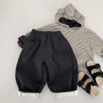 [80-140cm]ボーダー柄 フード付き 裏起毛 パーカー/パンツ - Image 6