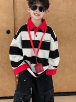 [100-160cm]配色 ボーダー柄 POLOネック トップス - Image 6