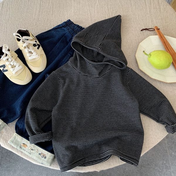 [73-120cm] ボーダー柄 フード付き トップス