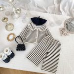 [73-120cm]ボーダー柄 アウター+ワイドパンツ セットアップ