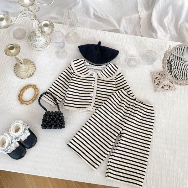 [73-120cm]ボーダー柄 アウター+ワイドパンツ セットアップ