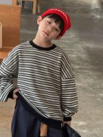 [100-150cm] ボーダー柄 裏起毛 トレーナー - Image 2