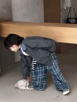 [90-150cm]ゆったり チェック柄 デニム パンツ