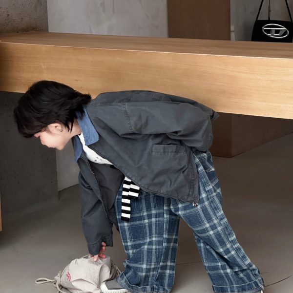 [90-150cm]ゆったり チェック柄 デニム パンツ