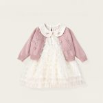 [80-140cm]ポンポンカーディガン&リボンチュールワンピース - Image 2