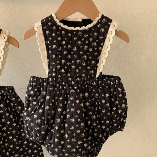 [66-130cm] 韓国風 小花柄 中綿 ロンパース ワンピース