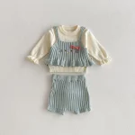 [66-100cm] フリル トップス &ネコ 刺繡 3点セット - Image 2