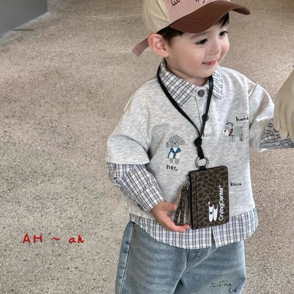 [90-140cm]レイヤード プリント チェック柄 トップス/デニムパンツ