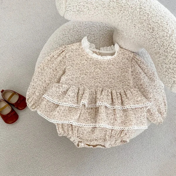 [66-90cm] 小花柄 リネン ロンパース