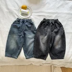 [80-150cm] バックポケットロゴ デニム パンツ - Image 8