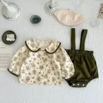 [66-100cm] フリル襟 小花柄 トップス&サロペット ロンパース - Image 7