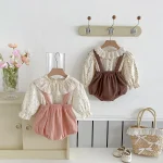 [66-100cm] 丸襟 小花柄 トップス & サロペット ロンパース - Image 10