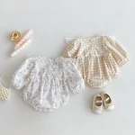 [66-90cm] フリル襟 チェックOR花柄 ロンパース - Image 6